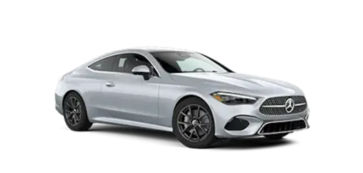 Silver Mercedes-Benz CLE coupe luxury car in profile view, featuring sleek two-door coupe body style, distinctive Mercedes star emblem on the front grille, modern LED headlights, dark multi-spoke alloy wheels, chrome accents, and a glossy metallic silver paint finish against a black background