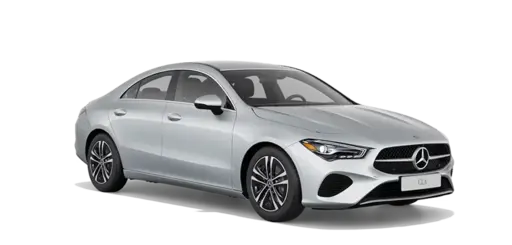 Silver Mercedes-Benz CLA coupe sedan shown in three-quarter front view against a black background, featuring sleek aerodynamic body lines, distinctive Mercedes star grille, modern LED headlights, dual-tone multi-spoke alloy wheels, and a polished metallic finish ideal for luxury vehicle e-commerce listings