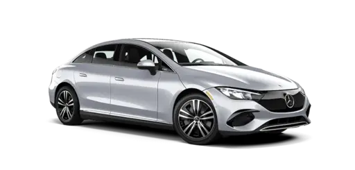 Silver Mercedes-Benz EQE luxury electric sedan in three-quarter front view against black background, featuring sleek aerodynamic body, distinctive grille with central star emblem, slim LED headlights, multi-spoke alloy wheels, and modern four-door coupe styling