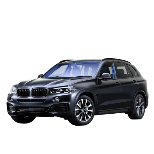 Black BMW X5 luxury midsize SUV shown in a three-quarter front view against a solid black background. The vehicle features the signature dual kidney grille with chrome accents, sleek LED headlights, sculpted hood lines, multi-spoke alloy wheels, roof rails, and a glossy dark metallic finish highlighting its premium crossover design.