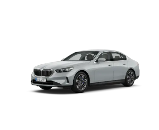 White BMW 5 Series luxury sedan shown in a three-quarter front view against a black background, featuring the signature kidney grille, sleek LED headlights, multi-spoke alloy wheels, chrome accents, and a modern aerodynamic body design ideal for premium automotive e-commerce listings.