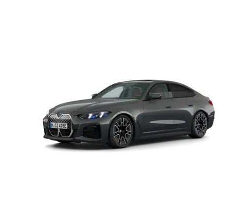 Sleek grey BMW i4 electric gran coupe sedan shown in three-quarter front view against a black background, featuring distinctive kidney grille with blue accents, modern LED headlights, multi-spoke alloy wheels, sporty low-profile design, and European license plate, ideal for premium electric vehicle e-commerce catalog listing