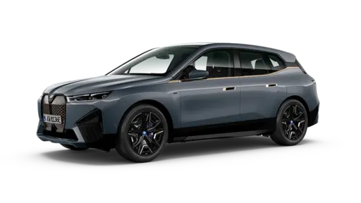 Modern gray BMW iX electric luxury SUV shown in side profile view against a black background, featuring sleek aerodynamic design, distinctive kidney grille, black multi-spoke alloy wheels, tinted windows, and premium styling details ideal for e-commerce automotive catalog