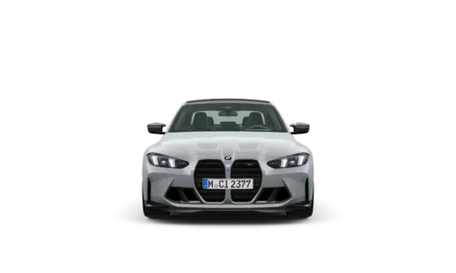 Front-facing silver BMW sports coupe displayed against a black background, featuring the distinctive kidney grille, sleek LED headlights, sculpted bumper, side mirrors, and a visible European-style license plate.