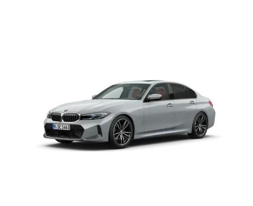 Silver BMW 3 Series sedan in metallic finish, front three-quarter view against black background. Modern luxury compact executive car featuring signature BMW kidney grille, sleek LED headlights, multi-spoke alloy wheels, chrome accents, and sporty aerodynamic body lines. License plate visible on front bumper. Ideal e-commerce catalog image showcasing premium German automotive design.