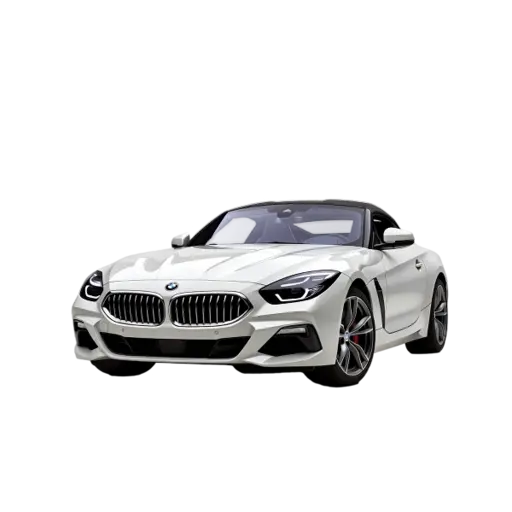 White BMW Z4 convertible sports car shown from a front three-quarter angle against a black background, featuring the signature dual kidney grille, sleek LED headlights, black soft-top roof, multi-spoke alloy wheels with red brake calipers, and a modern aerodynamic body design ideal for luxury performance vehicle catalog listings.