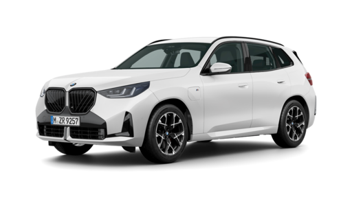 White BMW X1 luxury compact SUV shown in a three-quarter front view against a clean studio background. The vehicle features the signature BMW kidney grille with vertical slats, sleek LED headlights, aerodynamic body lines, black multi-spoke alloy wheels with blue accents, roof rails, and a visible front license plate reading M ZR 9257. Modern premium crossover design ideal for e-commerce automotive catalog listing.